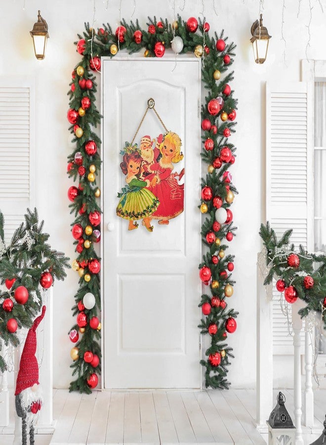 Racenaf Vintage Christmas Decorations Hanging Wooden Sign - Vintage Style Girls Santa Claus Welcome Sign for Front Door Xmas Wall Hanging Decor for Indoor Outdoor Christmas Party Supplies - Image 5